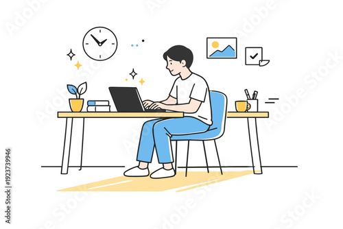 Calm workdays with long daylight. A workspace scene shows sunlight stretching across the floor while a person focuses calmly on a laptop,