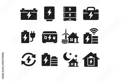 Home Energy Storage. Solid icon set of home energy storage: battery pack, wall mounted battery, energy reserve, power storage unit, charging battery, backup
