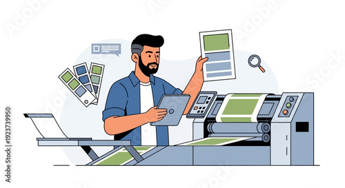 Man Inspecting Printed Documents on Printer.