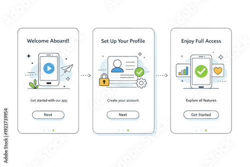 Mobile app onboarding screens. Abstract representation of user journey from first launch to full access using connected screens and icons. Clear narrative of
