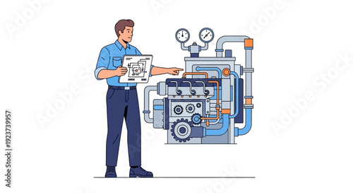 Man Inspecting Industrial Machinery Equipment.