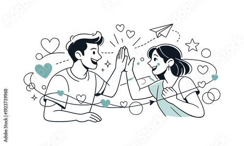 Connecting Hearts. Happiness and connection. Two characters sharing a positive moment, gentle gestures with