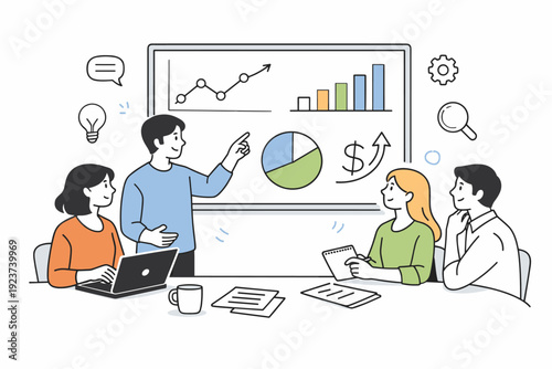 Financial analytics visuals. Team discussion around a large screen with simple graphs. Collaborative analysis, shared understanding, and