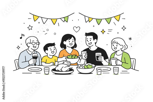 Family and celebration scenes. A happy family gathered around a table with light decorations, sharing smiles and conversation, simple festive