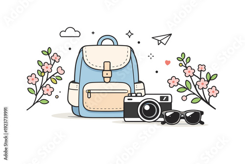 Weekend spring trip. Backpack, camera, and sunglasses arranged with blooming branches, light and spontaneous travel mood. Friendly still-life
