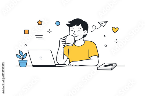 freelancer coffee break. A freelancer taking a short coffee break next to a laptop, small abstract decorative elements floating around, calm and cheerful mood,