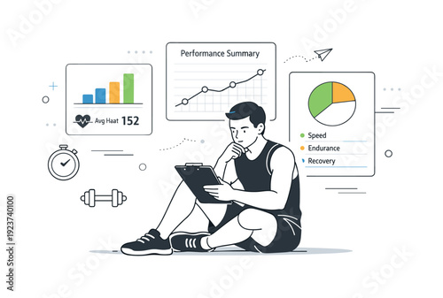 Athlete Performance Review. Post-training analytics review. Athlete sitting calmly and reviewing performance summary with simple charts, reflective mood and