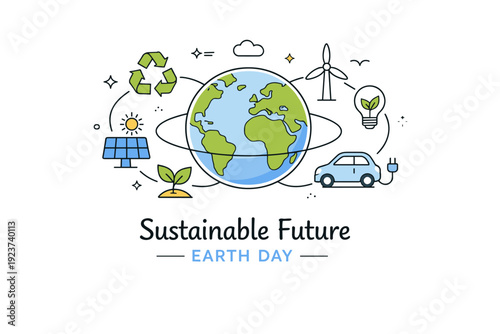 Sustainable future Earth Day. A simple globe connected with icons like recycling, energy, and plants, showing harmony between technology and
