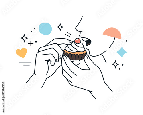 Mindful dessert moment. Close-up of hands holding a small dessert, a gentle bite being taken, abstract floating shapes and stars suggesting