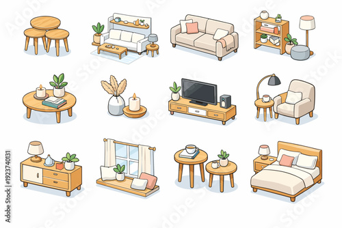 Scandinavian Style. Colorful isometric vector icons set of Scandinavian Style: light wood nesting tables, white living room, neutral sofa,
