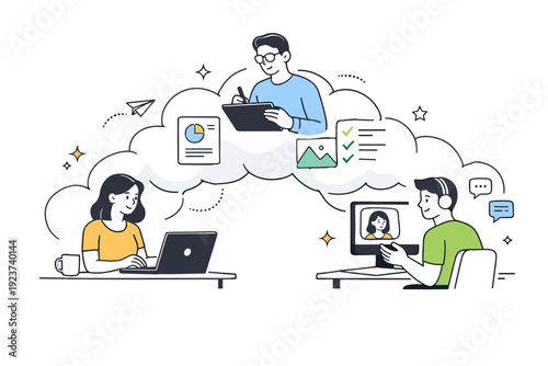 Cloud collaboration. A small team working from different devices while soft cloud shapes connect their screens, showing seamless shared work. Calm productivity