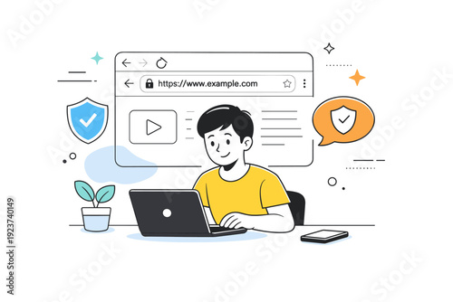 Digital privacy daily habits. Person browsing the web with a secure connection, small lock symbol in the browser bar and calm abstract shapes around. Sense of