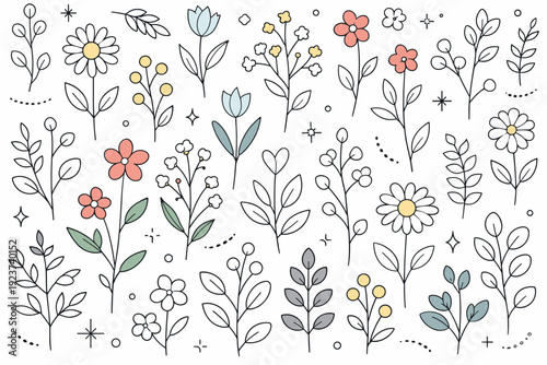 Herbarium style backgrounds. Repeating pattern of pressed stems, petals, and leaves arranged with gentle rhythm and order. Soft natural mood