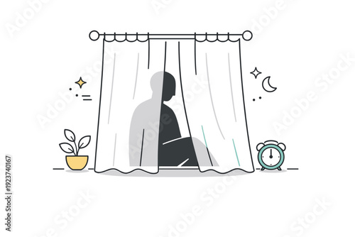 People through curtains in quiet moments. A still figure behind curtains suggests rest, waiting, or slow daily routine. Feeling of pause and