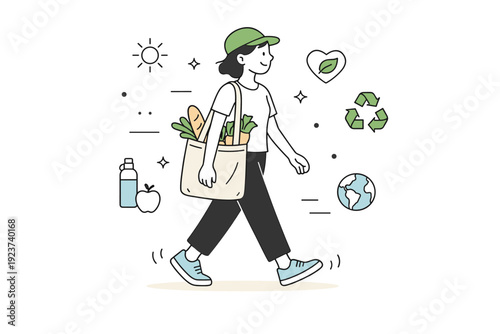 Eco-Friendly Shopping. Eco-friendly choices. A shopper carrying a reusable bag with plants and groceries, walking lightly and unhurried. The scene communicates