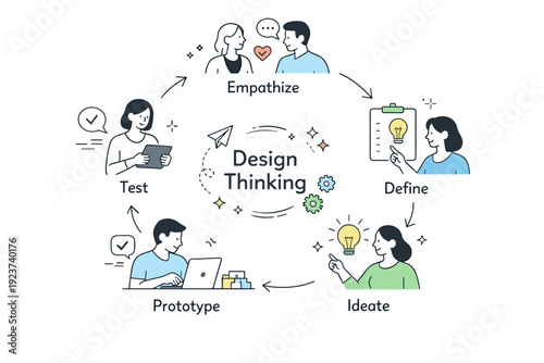 Design thinking diagrams. Clear circular flow showing empathize, define, ideate, prototype, and test, calm editorial scene explaining