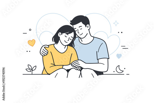 Love relationship. Abstract heart shapes subtly integrated into a quiet couple scene. Feeling of care, trust, and emotional