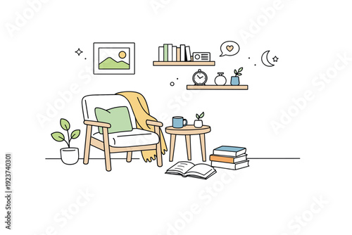 Personal corners of rooms. Wide composition showing a small corner of a room with a chair, books, and decor, leaving airy space around. Minimal editorial scene