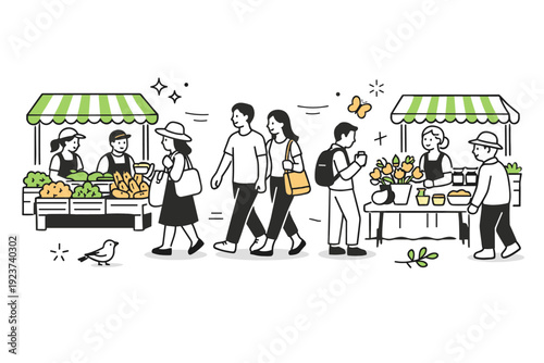 Seasonal outdoor markets strolling. A relaxed walkway scene with people strolling between market stalls, fresh produce and flowers displayed