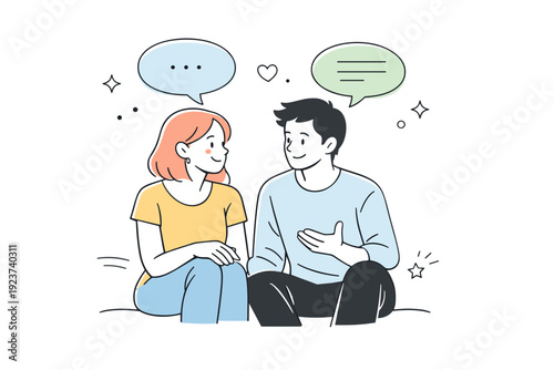 Couple sharing conversation. A couple sitting together and talking with gentle smiles, speech bubbles indicating calm communication. Soft