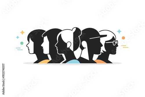 Profiles half in shadow. A group of simplified profiles aligned in a row, each face partly hidden by shadow, creating a rhythmic composition.