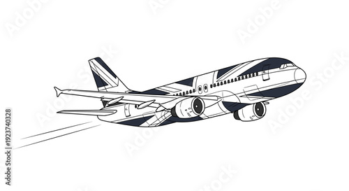 Airplane with british flag design silhouette on simplistic background