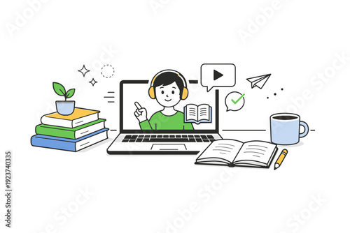 Home study setup. A minimal workspace with books, a notebook, and a tablet or laptop used for learning. The mood is calm, modern, and distraction-free.