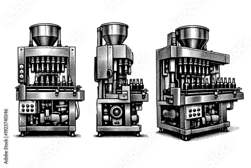 Brewing process diagram beer bottling machine shown as a single object from three different angles: front view, side view, and three-quarter