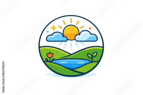 Sunny spring weather gentle sun rays breaking through small clouds over a simple landscape, symbolizing balance between brightness and calm.