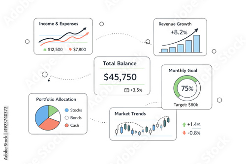 Financial analytics concept. Dashboard-style elements with graphs, indicators, and trend lines floating in a clean space. Focused and data-driven visual mood.