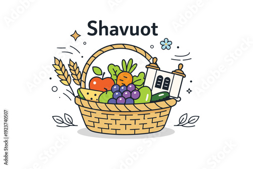 Shavuot. Basket of fruits and vegetables with small Torah scroll and wheat stalks gently layered, showing seasonal abundance and spiritual