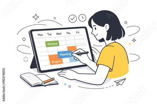 Time management routine. A character planning the week on a tablet, gently dragging tasks into time blocks. The mood is calm productivity and clarity, with