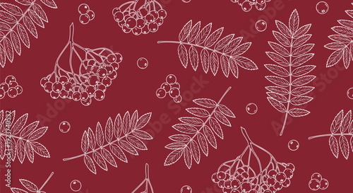 Seamless pattern features rowan berries and leaves drawn in white lines against a rich dark red background for autumn-themed decor.