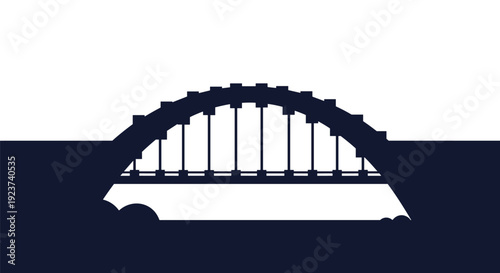 Bold silhouette of a classic arched bridge spans across water under a white sky in a high contrast graphic design with deep shadows.