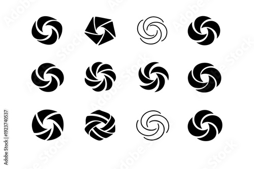 Twirl. Icon set. Set Logo of Twirl: abstract spinning loop. harmonious logo variations of the same emblematic concept, each with different artistic