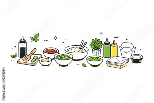 Spring street food preparation. Prep bowls, utensils, fresh herbs, and packaging arranged with space. Friendly seasonal mood highlighting freshness,