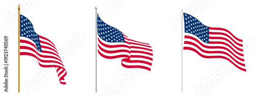 USA flag on pole, American waving flag set, US flagpole
