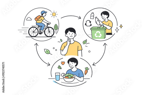 Low-carbon lifestyle habits. A symbolic scene of a person choosing eco-friendly actions like biking, recycling, and plant-based meals, connected by simple