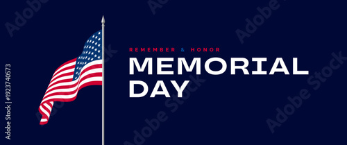 US Memorial Day banner, USA flag on pole background