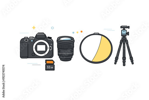 Minimalist Photography Gear. Photography gear minimal set. A clean editorial illustration featuring camera body, lens, tripod, memory card, and light
