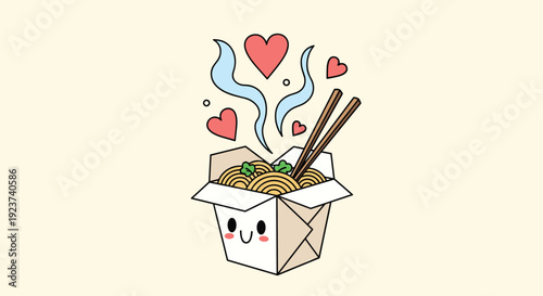 Cute cartoon takeout container filled with noodles and chopsticks releases steam in the shape of floating hearts on a light background.