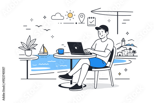 Digital nomad work in coastal towns. A professional working on a laptop from a seaside cafe, gentle breeze and relaxed posture. Productive