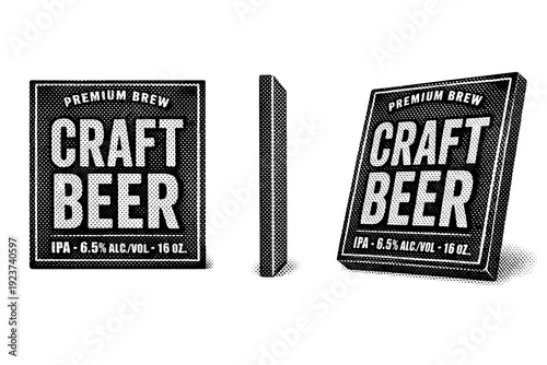 Rectangular craft beer label object shown in three views including front view, side view, and angled view emphasizing typography layout and