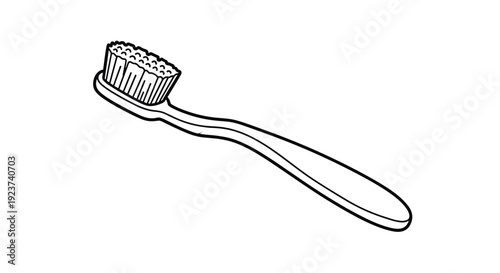 Basic design of a manual toothbrush with bristles is illustrated in a simple black and white line art vector for dental health themes.