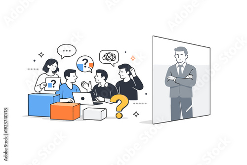 Opaque decision making. A manager standing behind a semi-transparent wall while employees discuss incomplete data and unclear directions, with abstract blocks
