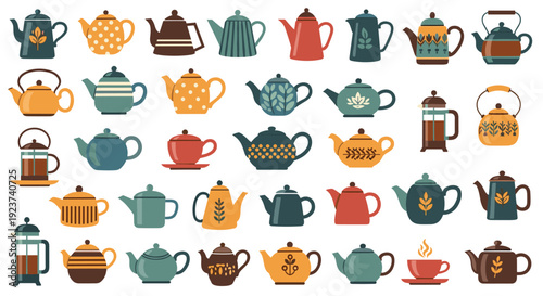 Extensive collection of diverse teapots, kettles, French presses, and cups is shown in various bright colors and interesting patterns.