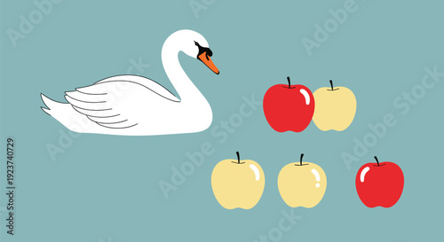 White swan illustration floating on a solid teal background next to five colorful red and yellow apples in two rows.