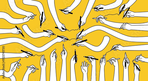Collaborative Writing Concept: Creative Hands with Pens and Pencils on Yellow Background, Illustrative Editorial Design for Teamwork, Authorship, and Idea Generation
