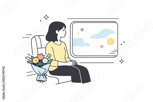 Women on public transport with flowers. A woman seated by a window on a train, flowers resting beside her as she looks outside. Quiet
