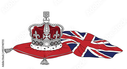 Royal crown on cushion with british flag symbolizing heritage